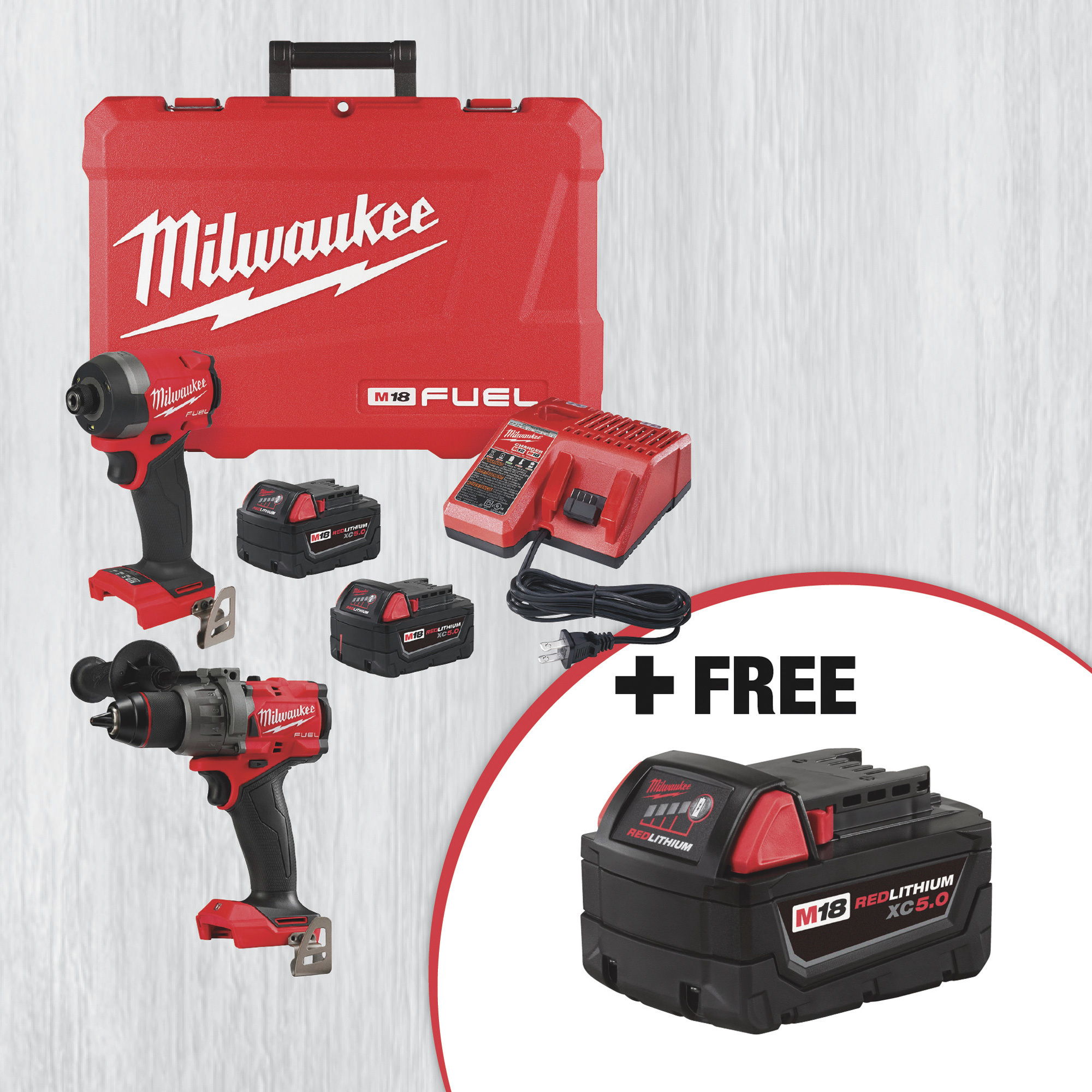 SPECIAL BUY! Milwaukee M18 FUEL Cordless 2-Tool Combo Kit with FREE M18 REDLITHIUM XC 5.0 Battery Pack!